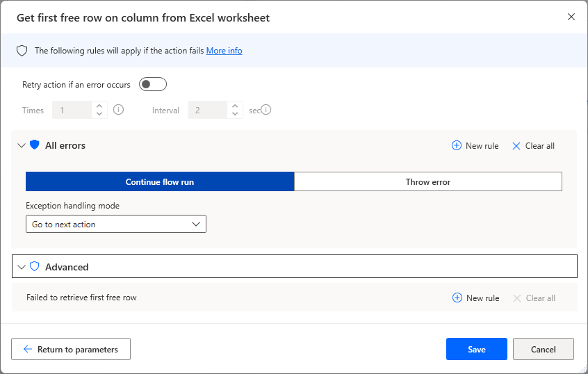 Introducing the "Get the first empty row in a column from an Excel worksheet" action, which specifies a column in the active worksheet and retrieves the first empty row in that column.